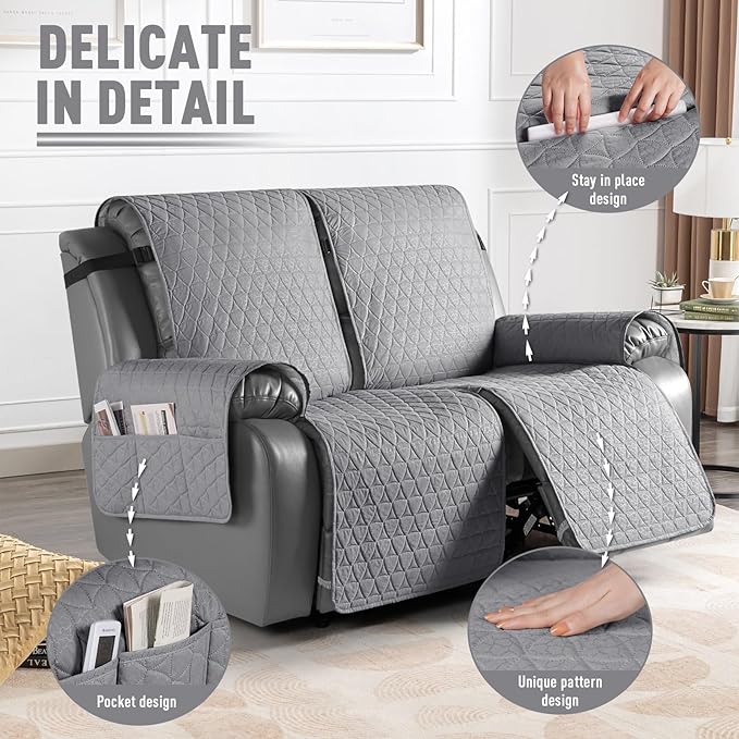 TAOCOCO 100% Waterproof Recliner Cover, Non-Slip Washable Reclining Couch Cover with Elastic Leg Straps, Furniture Protector for Dogs (Light Gray, 2 Seater) - Image 6