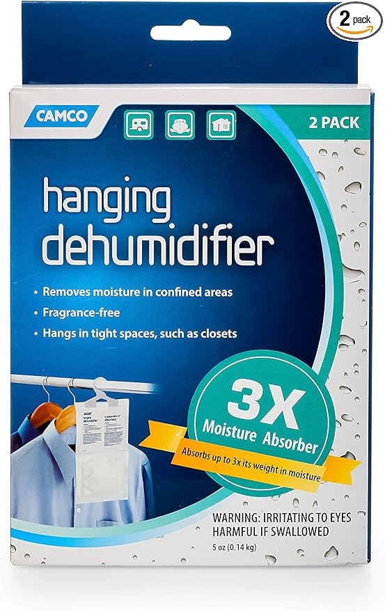 Camco 44286 Fragrance Free Hanging Dehumidifier-Convenient Hook Absorbs up to 3x Its Weight in Water, Reduces Moisture and Humidity in Closets and Tightly Confined Spaces, 2 Pack by Camco