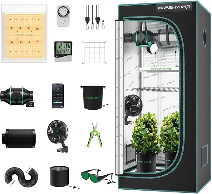 MARS HYDRO 2x2 Grow Tent Kit Complete System with 10 Speed Fan,100W TS600 LED Full Spectrum Grow Light,24"x24"x55" 1680D High Reflective Mylar Grow Tent,4 inch Smart WiFi Control Ventilation System by MARSHYDRO