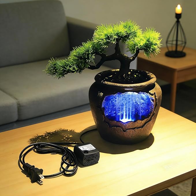 12Inch Fake Bonsai Tree Small Waterfall Fountain Indoor Tabletop Decoration with LED Lights and Water Flow, Resin Desktop Water Fountains Indoor Home Decor or Festival Birthday Surprise - Image 3