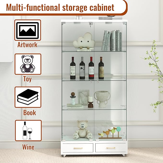 Yoluckea 4 Tier Glass Display Cabinet with LED Lighting and 2 Drawers, 2 Doors Floor Standing Curio Cabinet with Wheel for Home, Office, Corner Display, White Glass Bookshelf for Collections and Decor - Image 4