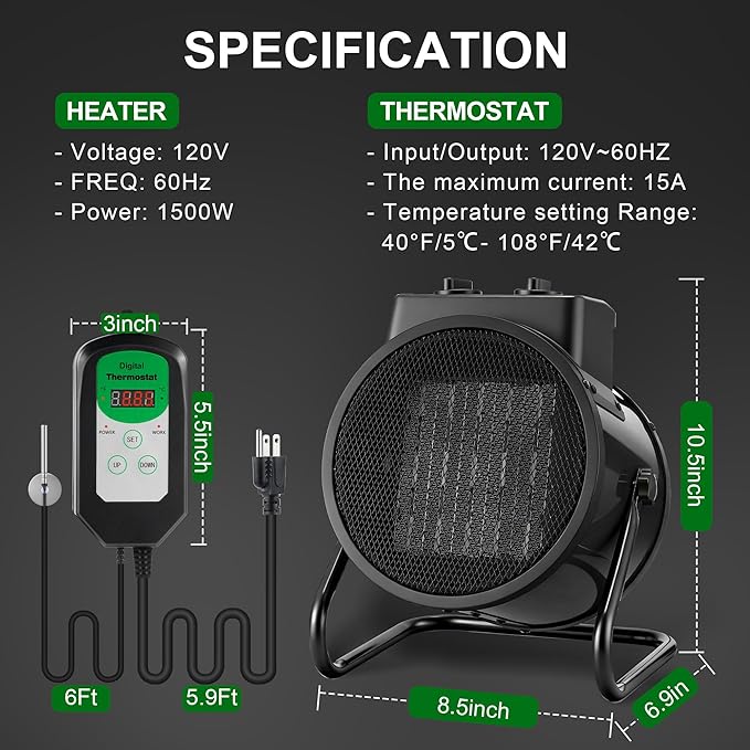 Greenhouse Heater with Thermostat & Hygrometer, 1500W/750W/24W Plant Heater Fan, Adjustable Temperature 40°F-108°F Patio Heaters for Outdoor Use Tents Winter Grow Garage Indoor(Black,2 Pack) - Image 7