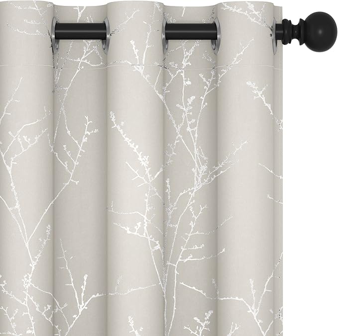 Deconovo Beige Blackout Curtains, Boho Farmhouse Curtain, Thermal Insulated Soundproof Drapes, Silver Branch Print, 42 x 84 Inch Long, Machine Washable Window Panels for Living Room Bedroom, Set of 2 by Deconovo