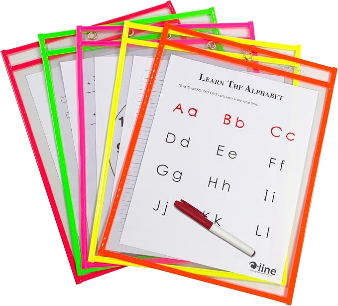 C-Line Reusable Dry Erase Pockets, 9 x 12 Inches, Assorted Neon Colors, 10 Pockets per Pack (40810) by C-Line