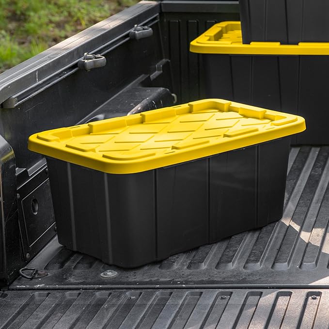 Sterilite 17 Gal Industrial Tote, Stackable Storage Bin with Snap-Fit Lid for Garage, Basement & Attic Storage, Black Base and Yellow Lily Lid, 6-Pack - Image 6