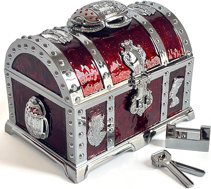 Retro Jewelry Box Arched Vintage Rectangular Metal Chest Necklace Ring Earrings Storage Case for Women Girls (Chrome Transparent Red, L Lock) by Unknown