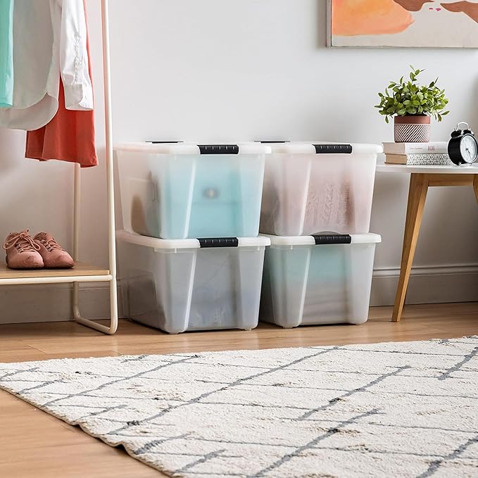 IRIS USA 40 Qt Stackable Plastic Storage Bins with Lids, 4 Pack - BPA-Free, Made in USA - Discreet Organizing Solution, Latches, Durable Nestable Containers, Secure Pull Handle - Pearl - Image 4