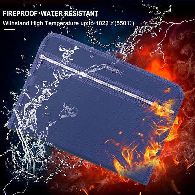 Fireproof Safe Accordion File Organizer Bag Folder,Waterproof Expanding Filing Folder with 14 Pockets, A4 Letter Size, Document Organizer Holder and Color Labels /2 Zipper, Navy Blue 14.3" x 9.8" - Image 2