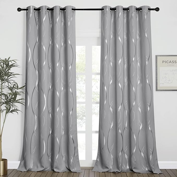 NICETOWN Blackout Curtains 95 inches Long, Foil Printed Wave Lines Energy Saving Thermal Insulated Solid Grommet Blackout Draperies for Patio Hall Studio (1 Pair, 52 inches by 95 inches, Silver Grey) - Image 2
