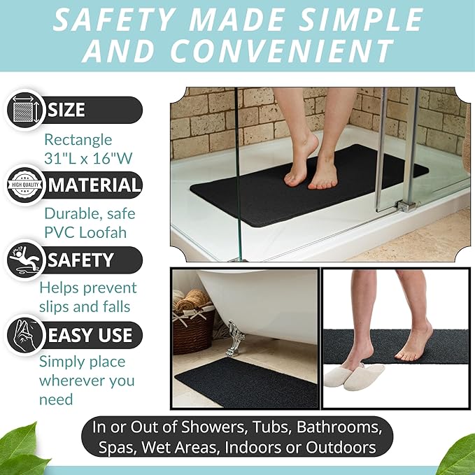 Non Slip Bathtub Mat Shower Mat for Tub - Loofah Bath Mats for Bathroom - 31x16 Bathtub Floor Mat - Textured Anti Slip Bath Mat Without Suction Cups - Secure Mat for Wet Areas (31x16 Black) - Image 3