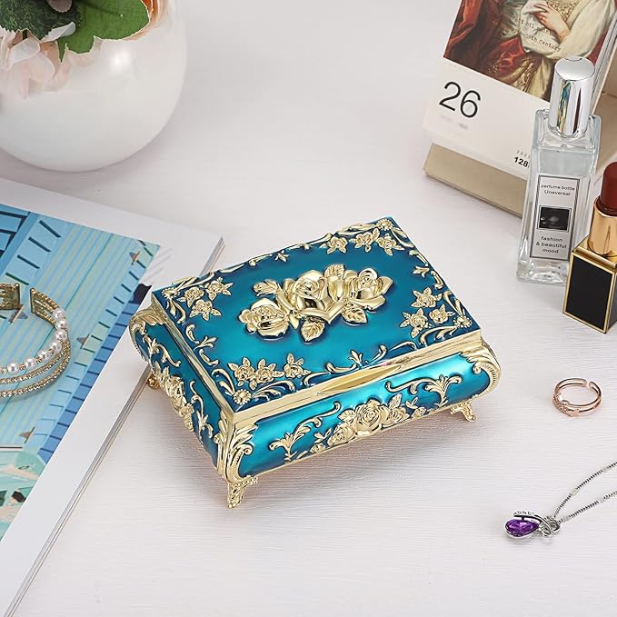 Hipiwe Metal Decorative Jewelry Box Vintage Treasure Chest Case Ornate Trinket Organizer Earrings Necklace Bracelet Storage Box Ring Holder Keepsake Box for Women - Image 9