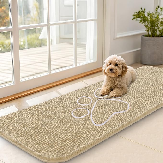 OLANLY Dog Door Mat for Muddy Paws 59x20, Paw Print Design, Absorbs Moisture and Dirt, Absorbent Non-Slip Washable Doormat, Quick Dry Chenille Mud Mat for Dogs, Entry Indoor Entryway Carpet, Beige by OLANLY