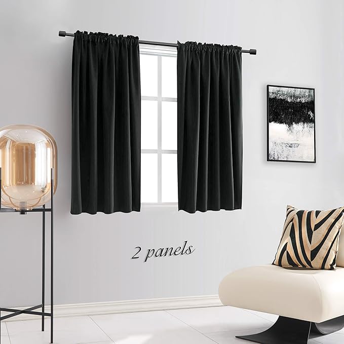 DONREN 99% Blackout Curtains for Bedroom - Thermal Insulating Blackout Rod Pocket Drapes for Small Windows (42 x 54 Inches,Set of 2 Panels,Black) - Image 2