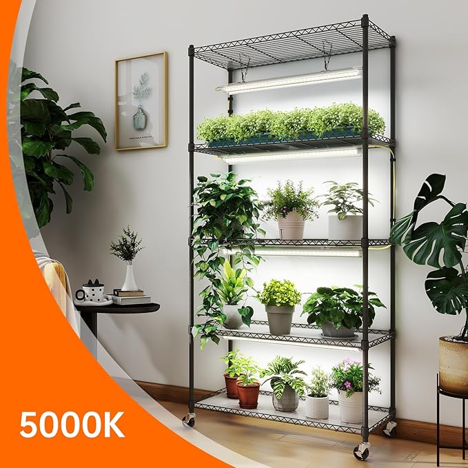 Bstrip Plant Shelf with Grow Light, 5-Tier Plant Stand with T8 24W Grow Light for Indoor Plants with Wheel, Grow Light Shelf with Timer for Indoor Plant, Seedling, Seed Starting, 29.5x13.8x59IN - Image 3