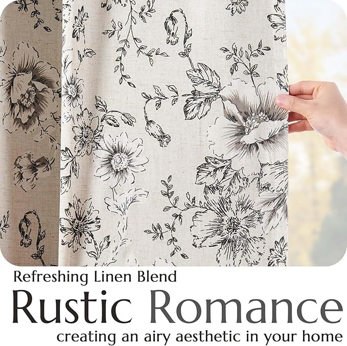 jinchan Blackout Linen Blend Curtain Floral Blackout Curtains for Living Room 96 Inch Length Black Printed with Lined Blackout Curtain for Bedroom Farmhouse Curtains Set 2 Panels - Image 4