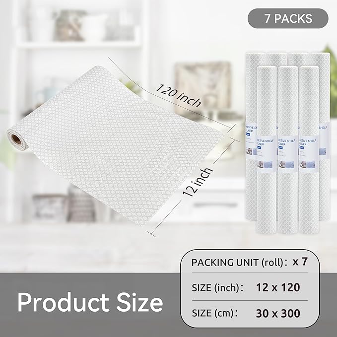 FIFTY FEET 12"x120" Non-Adhesive Shelf Liner for Kitchen Cabinets and Drawers, Washable Non-Slip PVC Cabinet Liner (White Circle)(7 Roll) - Image 5