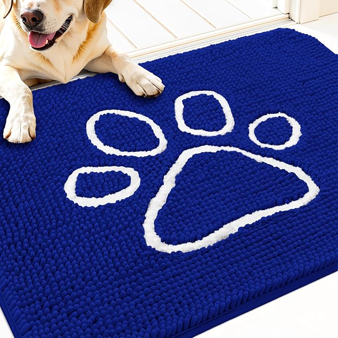 OLANLY Dog Door Mat for Muddy Paws 30x20, Paw Print Design, Absorbs Moisture and Dirt, Non-Slip Washable Doormat, Quick Dry Chenille Mud Mat for Dogs, Entry Indoor Entryway Carpet, Royal Blue by OLANLY