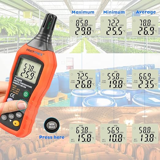Protmex PT6508 Temperature Humidity Meter, Digital Thermometer Hygrometer Monitor with Ambient, Dew Point, Wet Bulb for Indoor/Outdoor MIN, MAX, Data Hold, LCD Backlight - Image 5