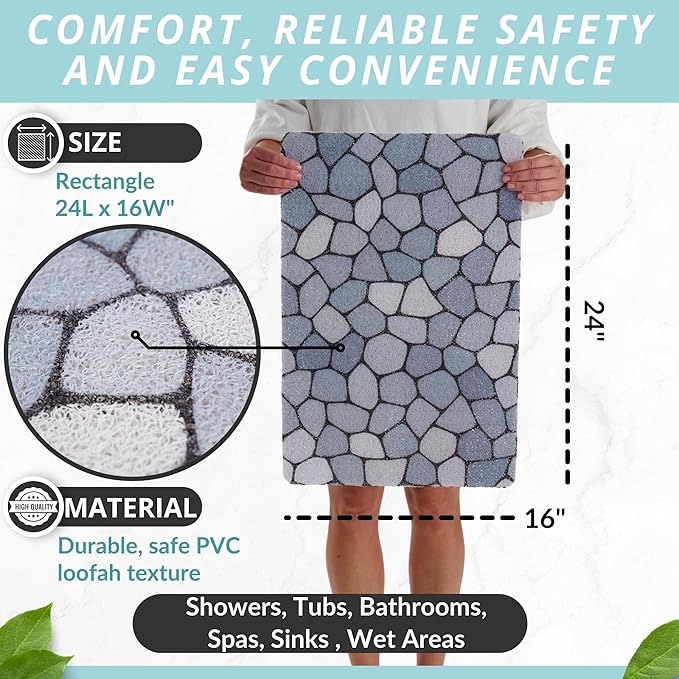 ENKOSI Loofah Non-Slip Shower and Bath Mat - Soft Cushioned Comfort - No Suction Cups for Smooth or Textured Tubs - Fast Draining - Safety for Bathroom, Family, Kids, and Elderly (24x16 Pebble Blue) - Image 3