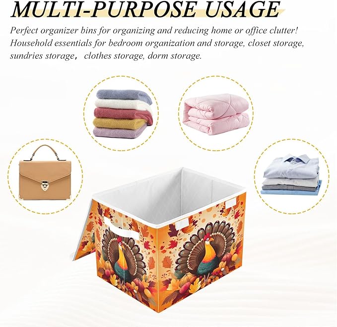 xigua Thanksgiving Turkey Storage Bins with Lids and Carrying Handle,Foldable Storage Boxes Organizer Containers Baskets Cube with Cover for Home Bedroom Closet Office - Image 7