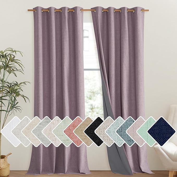 NICETOWN Chaise Mauve Vintage Linen 100% Blackout Curtains for Living Room, Thermal Insulated Curtains 102" Long, Noise Reducing Window Treatment Drapes for Hall Room, 52" Wide Per Panel, Set of 2 by NICETOWN