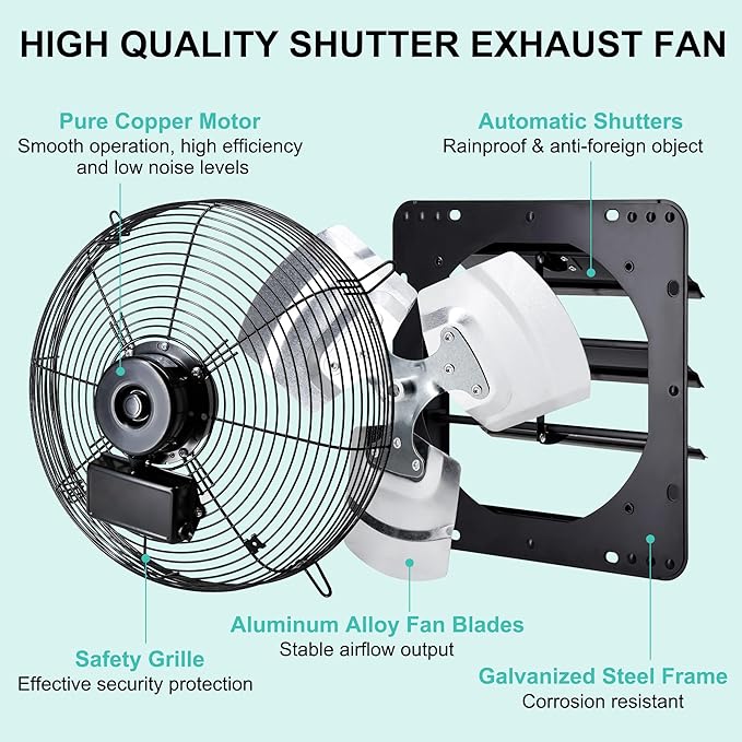 14 Inch Wall Mounted Shutter Exhaust Fan with Thermostat and Speed Controller for Attic, Greenhouse, Shed, Garage, Chicken Coop, Shop, Barn Ventilation, 1088 CFM High Power Louvered Vent Fan - Image 8