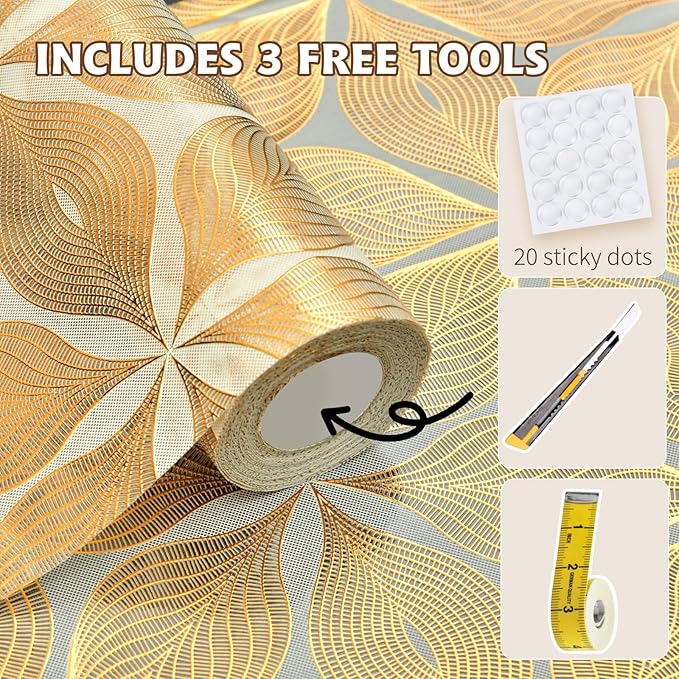 Drawer and Shelf Liner for Kitchen Cabinet,Non-Adhesive Waterproof Drawer Liner for Dresser & Bathroom Vanities with Adhesive Dots & Cutting Tool(12 in X 10 Ft Gold Leaf Pattern) - Image 3