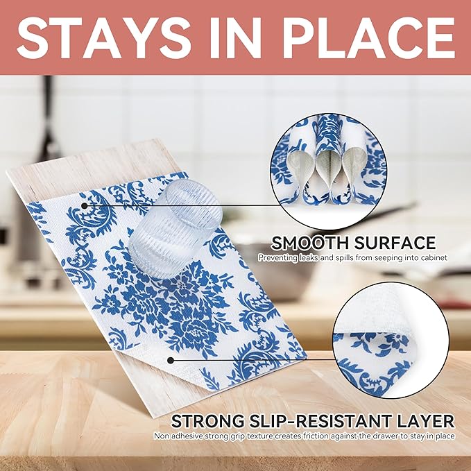 RAY STAR Shelf Liner, 12 Inch x 10 Feet Non Adhesive Vintage Navy Blue Floral Kitchen Cabinet Liner for Pantry Drawer Vanity, Strong Grip Non Slip, Shelf Liners for Kitchen Cabinets Cupboard - Image 3