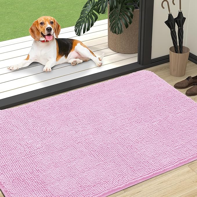 OLANLY Dog Door Mat for Muddy Paws 47x32, Absorbs Moisture and Dirt, Absorbent Non-Slip Washable Doormat, Quick Dry Chenille Mud Mat for Dogs, Entry Indoor Entryway Carpet for Inside Floor, Pink by OLANLY