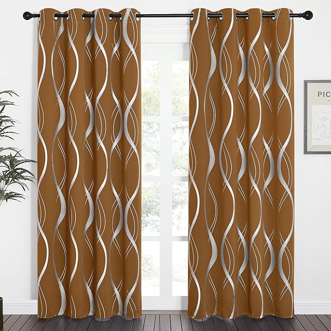 NICETOWN Gold Brown Blackout Fall Pattern Curtains for Living Room 84 inch Long, 52” Wide - Light Reducing Thermal Insulated Foil Printed Grommet Drapes for Bedroom and Nursery, 2 Panels - Image 2