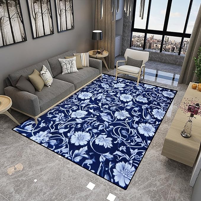 White Flowers on Blue Background Runner Rug: Design Printing with Anti-Slip Backing - Stain Resistant, Washable Accent Rug for Living Room/Bedroom - Non-Shedding Floor Carpet, 78 x 96 Inch - Image 4