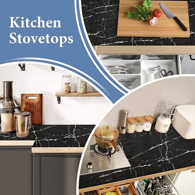 Drawer and Shelf Liner for Kitchen Cabinet: 17 in X 20 Ft Non Slip Waterproof Shelf Paper Non Adhesive Refrigerator Liners Black Marble Easy Liners for Bathroom with Knife Tape Measure - Image 6