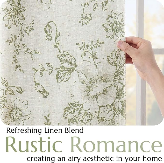 jinchan Blackout Curtains Linen Blend Floral Curtain for Living Room 90 Inch Length Farmhouse Printed with Lined Blackout Drapes for Bedroom Sage Green Flower Curtains Set 2 Panels - Image 5