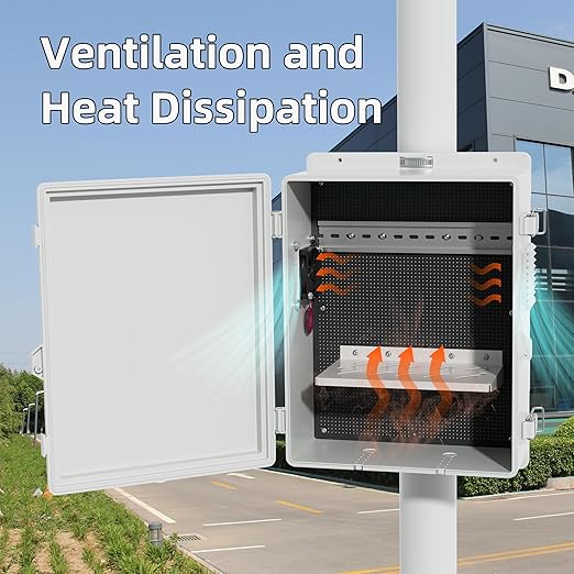 Joinfworld Vented Outdoor Electrical Box Waterproof Nema Enclosure 16x11x6 Plastic WiFi Box with Stainless Steel Buckle Fan Vented Dust Screen - Image 2