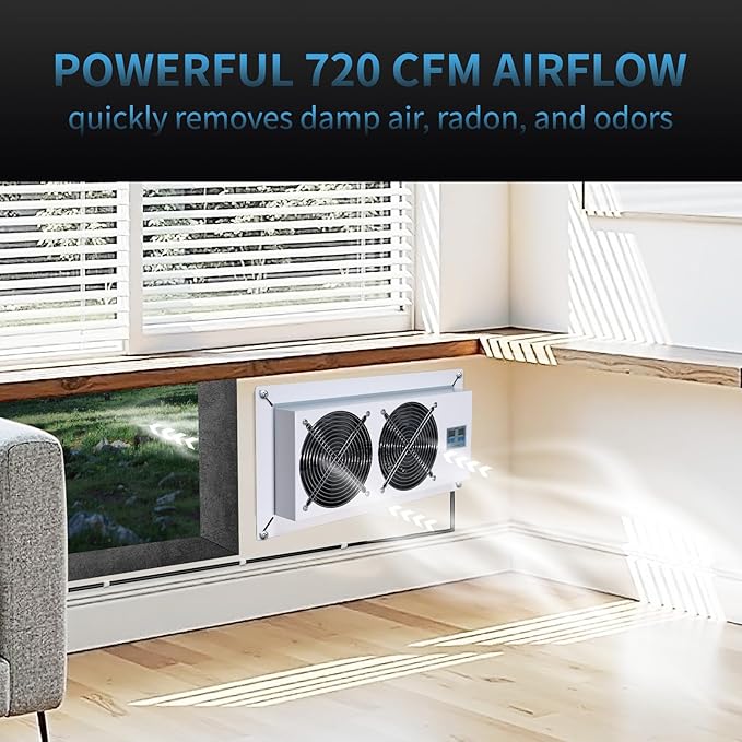 720 CFM Crawlspace Vent Fan, With Thermostat,Humidistat, Crawlspace Fans, For Moisture Reduction, Radon Mitigation, Freeze Protection, Ideal for Basement, Attic, Crawl Space Fan Vent(Air Out) - Image 3