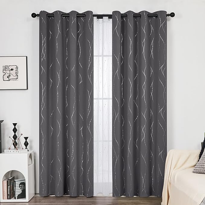 Deconovo Grey Blackout Curtains for Living Room, Thermal Insulated Soundproof Drapes, Wave Dots Foil Print, 52 x 95 Inches Long, 2 Panels, Machine‑Washable Window Panel for Bedroom Nursery Office - Image 2