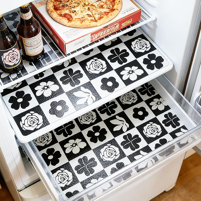 Shelf Liners Non Adhesive Black & White Checkerboard Floral - Thickened Non-Slip Easy to Clean Drawer Liner for Kitchen Cabinets, Tool Box, Refrigerator, with Knife & Tape Measure,12in x 236.2in - Image 6