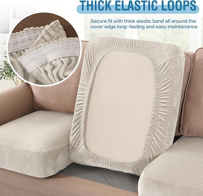 H.VERSAILTEX Velvet Stretch Couch Cushion Cover Plush Cushion Slipcover for Chair Loveseat Sofa Cushion Furniture Protector Seat Cushion Sofa Cover (2 Piece Large Sofa Cushion Covers, Ivory Striped) - Image 6