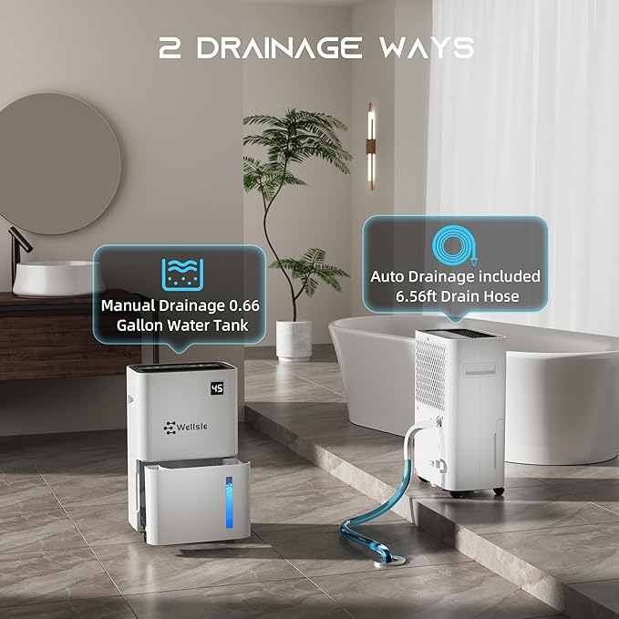 3500 Sq.Ft Dehumidifier, Wellsle 50 Pint Dehumidifiers for Home and Basement with Drain Hose, Ultra-Quiet Bedroom Dehumidifier - Intelligent Humidity Control - 24 Hour Timer - Image 5