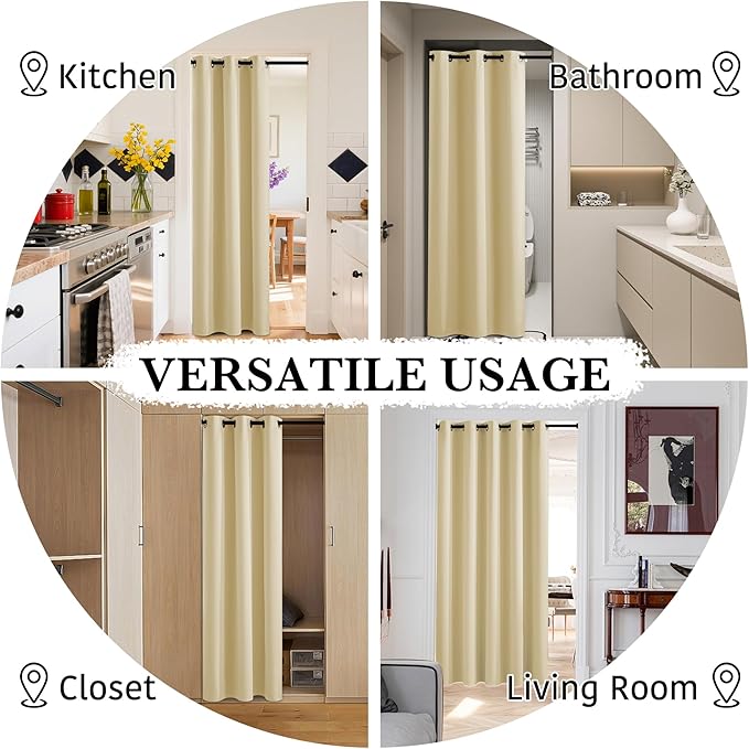 RYB HOME 100% Blackout Room Divider Curtains for Sliding Glass Door, Extra Wide Thermal Insulated Privacy Curtains for Bedroom/Patio Door/Living Room/Open Closet, Beige, W100 x L84, 1 Panel - Image 5