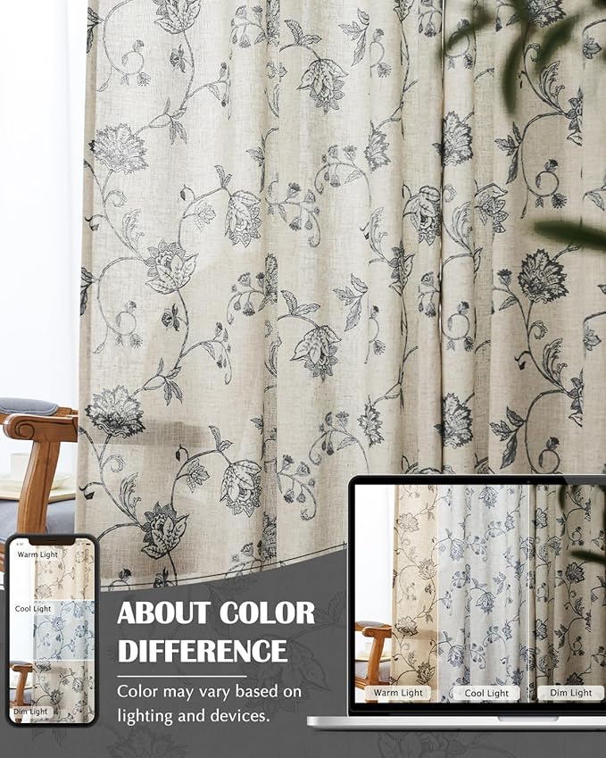 Jinchan Linen Floral Curtains 63 Inch Length for Living Room & Bedroom - Light Filtering Rod Pocket Back Tab Jacobean Curtains Flax Linen Texture Window Drapes Set 2 Panels Black on Linen - Image 7