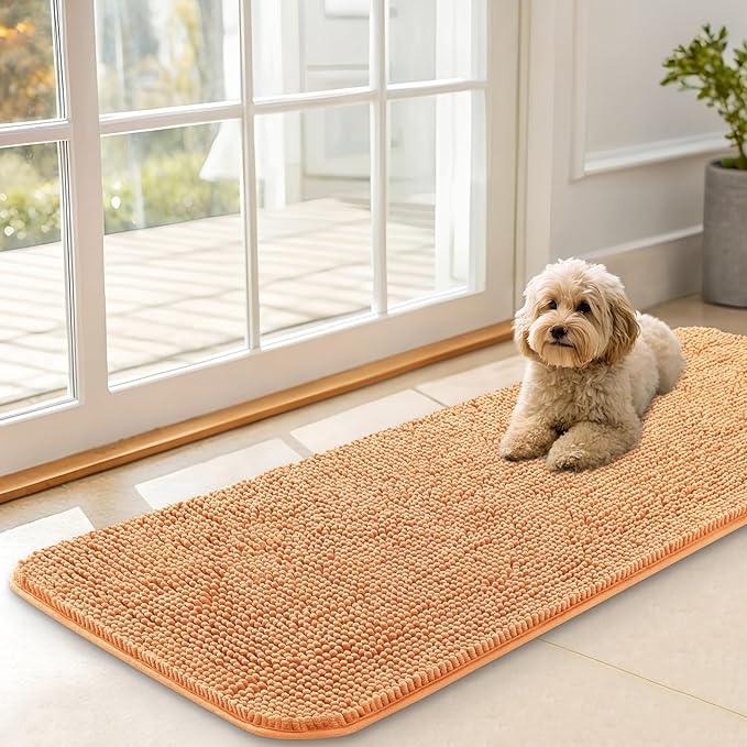 OLANLY Dog Door Mat for Muddy Paws 47x17, Absorbs Moisture and Dirt, Absorbent Non-Slip Washable Doormat, Quick Dry Chenille Mud Mat for Dogs, Entry Indoor Entryway Carpet for Inside Floor, Orange by OLANLY