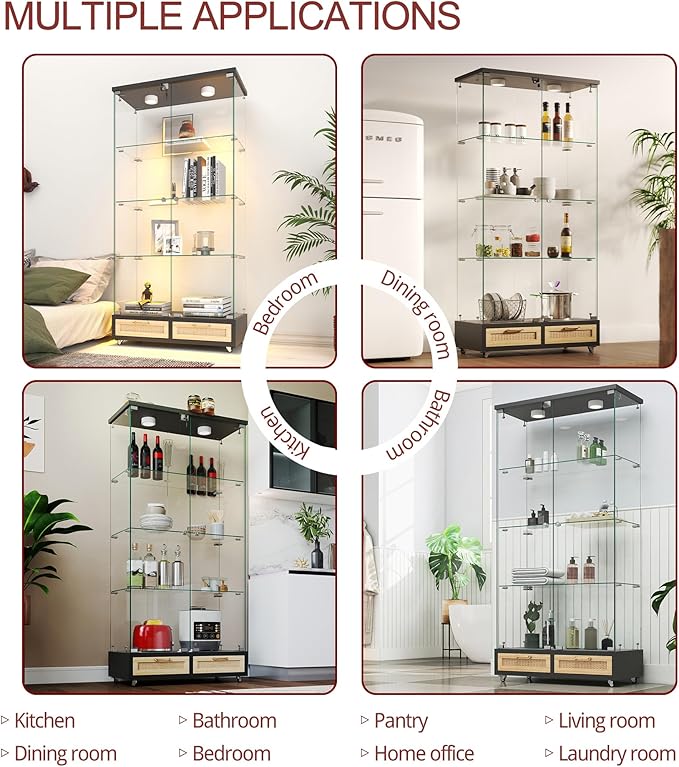Yoluckea 4 Tier Glass Display Cabinet with LED Lighting and 2 Drawers, 2 Doors Floor Standing Curio Cabinet with Wheel for Home, Office, Corner Display, Black Glass Bookshelf for Collections and Decor - Image 6