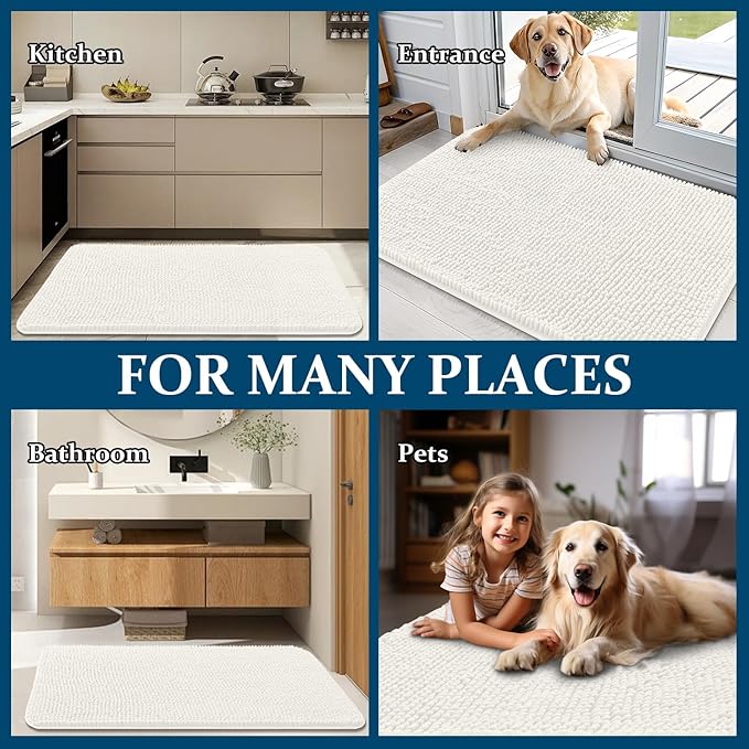OLANLY Dog Door Mat for Muddy Paws 47x24, Absorbs Moisture and Dirt, Absorbent Non-Slip Washable Doormat, Quick Dry Chenille Mud Mat for Dogs, Entry Indoor Entryway Carpet for Inside Floor, Ivory - Image 8