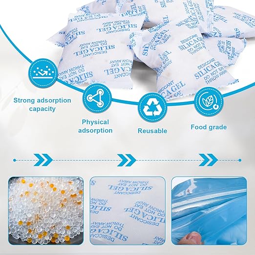 VOISEN 50 Gram 50 Pcs Color-Indicating Silica Gel Packets, Premium Food Grade Desiccant, Transparent Desiccant, Desiccant Packets for Storage, Premium Desiccant Packs for Food, Electronics, Closet - Image 3