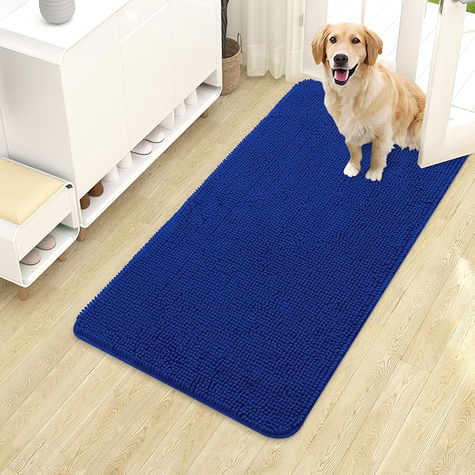 OLANLY Dog Door Mat for Muddy Paws 40x24, Absorbs Moisture and Dirt, Absorbent Non-Slip Washable Doormat, Quick Dry Chenille Mud Mat for Dogs, Entry Indoor Entryway Carpet for Inside Floor, Royal Blue by OLANLY