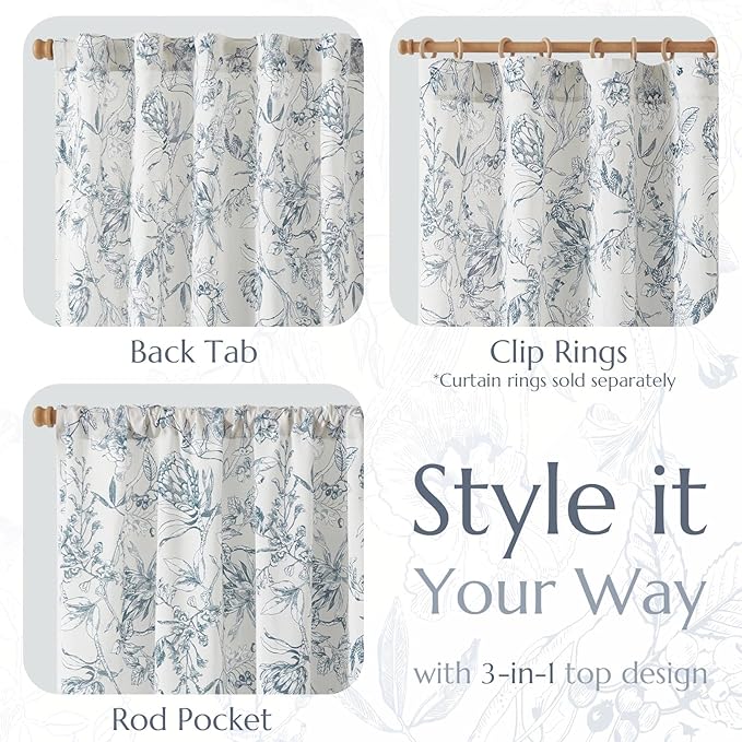 jinchan Floral Curtains 96 Inches Long Blue Flower Linen Farmhouse Curtain for Living Room French Country Vintage Curtain Rod Pocket Curtains Set 2 Panels Blue Floral Printed - Image 5