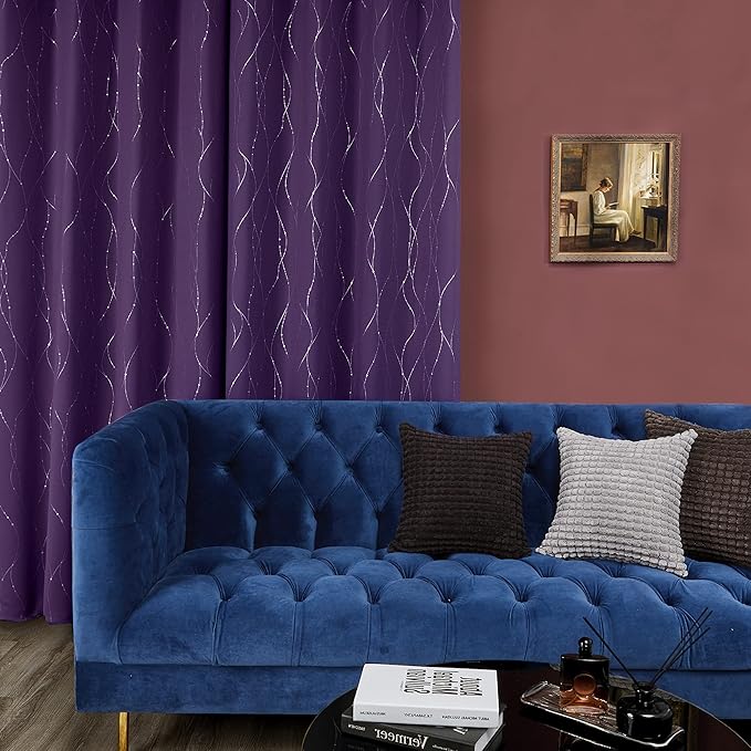 Deconovo Short Purple Curtains, Blackout Drapes with Wave Line Silver Print, 38 x 45 Inches Long, Thermal Insulated Panel, Grommet Top, Machine Washable, Set of 2 Panels for Kitchen Nursery Bedroom - Image 4