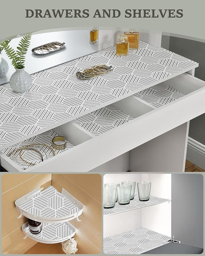 Shelf Liner Drawer Liner for Kitchen Cabinet Non-Adhesive Cabinet Liners Thickened Slip Resistant Waterproof Shelf Paper Protect Cupboard Dresser Shelves, Gray Hexagonal Geometric Stripe 11.8In x 10FT - Image 6