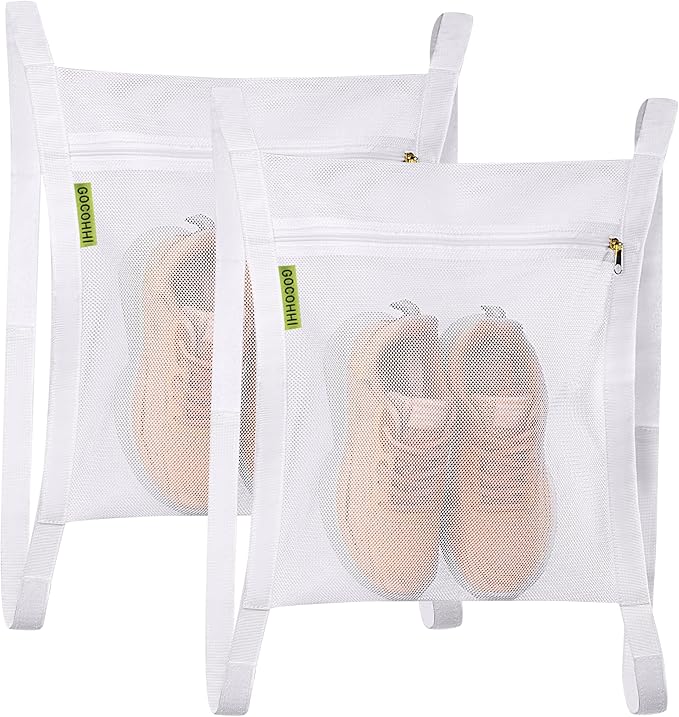 Sneaker Wash & Dry Net Bag for Dryer, 15.7x13.8 Inch Large HoneyComber Mesh Bags with Zipper and Strap for Shoes, Clothing, Laundry Reused Bag Tool (2 Pcs White) by Gocohhi
